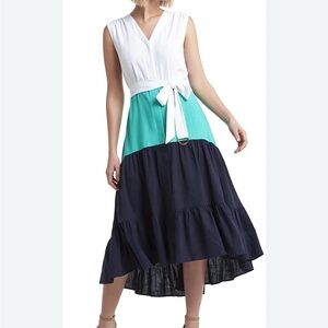 Halston Heritage Blue green White Midi Dress high low S new linen rayon vacation